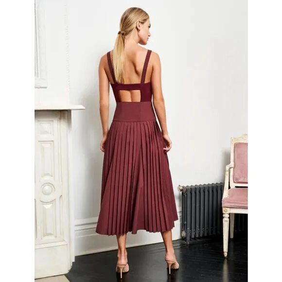 NWT La Ligne Zelda Pleated Wool Blend Open Back Midi Dress Burgundy Size 6