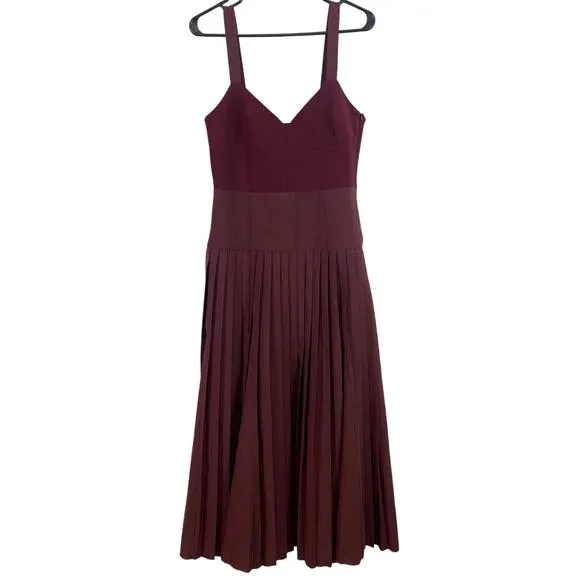 NWT La Ligne Zelda Pleated Wool Blend Open Back Midi Dress Burgundy Size 6