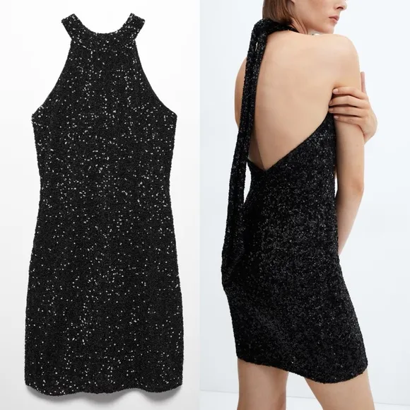 NWT Mango Mng Sequin High Neck Halter Tie Open Back Mini Dress Formal Black 8