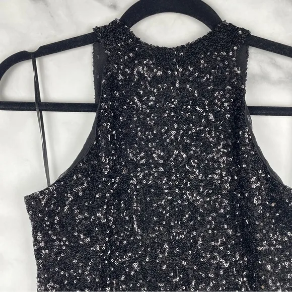 NWT Mango Mng Sequin High Neck Halter Tie Open Back Mini Dress Formal Black 8