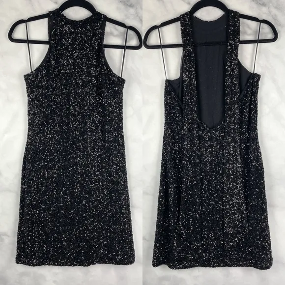 NWT Mango Mng Sequin High Neck Halter Tie Open Back Mini Dress Formal Black 8