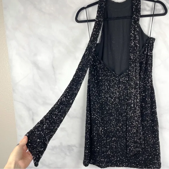 NWT Mango Mng Sequin High Neck Halter Tie Open Back Mini Dress Formal Black 8