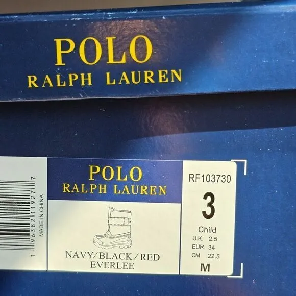 NWT Polo Ralph Lauren Everlee Navy/Black/Red Pre-School Kids Boots Size 3
