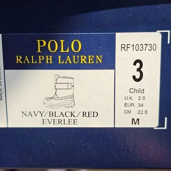 NWT Polo Ralph Lauren Everlee Navy/Black/Red Pre-School Kids Boots Size 3