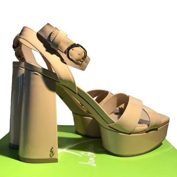 NWT - SAM EDELMAN Nolita Platform Block Heel Sandal Beige Blush Patent - Size 10