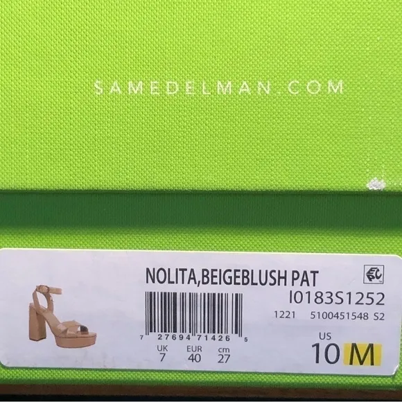 NWT - SAM EDELMAN Nolita Platform Block Heel Sandal Beige Blush Patent - Size 10