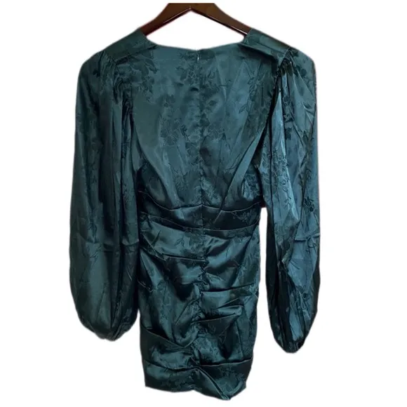NWT SHOWPO RICHMOND JACQUARD FLORAL BALLOON SLEEVE RUCHED MINI DRESS GREEN 6