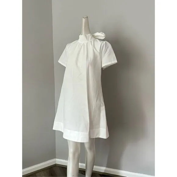 NWT Staud High Neck Self-Tie Bow Short Sleeve Ilana Mini Dress White Size XS $32