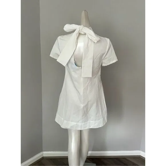 NWT Staud High Neck Self-Tie Bow Short Sleeve Ilana Mini Dress White Size XS $32