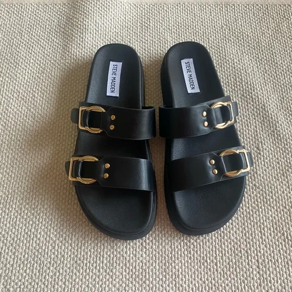 NWT STEVE MADDEN Hanni Black Double Band Buckles Sandals Size 8