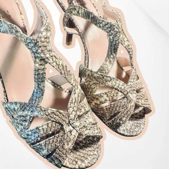 NWT Stuart Weitzman ‘Overture’ Strappy Heeled Sandals in Natural Feather Snake 9