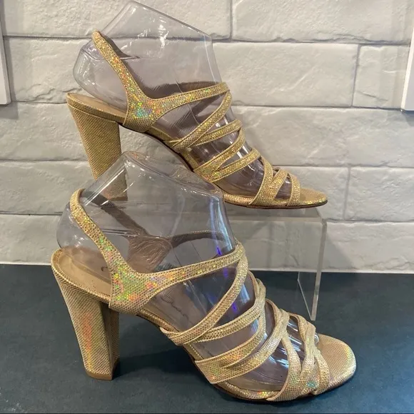 NWT sz 8.5 David Aaron gold metallic iridescent strappy heeled sandals