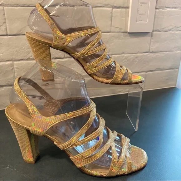 NWT sz 8.5 David Aaron gold metallic iridescent strappy heeled sandals