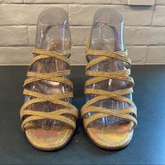 NWT sz 8.5 David Aaron gold metallic iridescent strappy heeled sandals