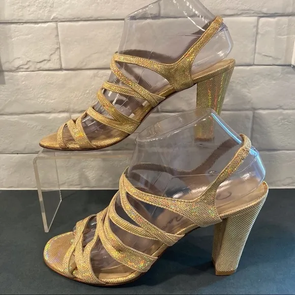 NWT sz 8.5 David Aaron gold metallic iridescent strappy heeled sandals