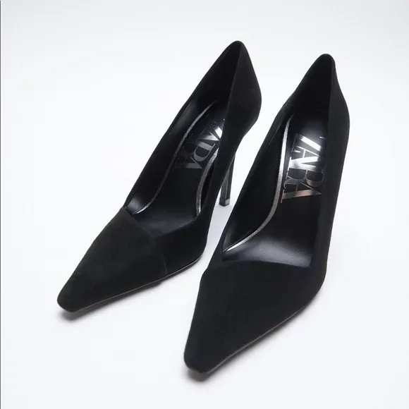NWT. Zara Black Suede Leather High-Heels Shoes. Size 9.