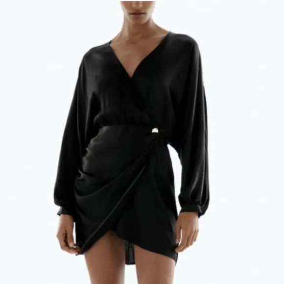 NWT* ZARA Satin Effect Wrap Dress Black