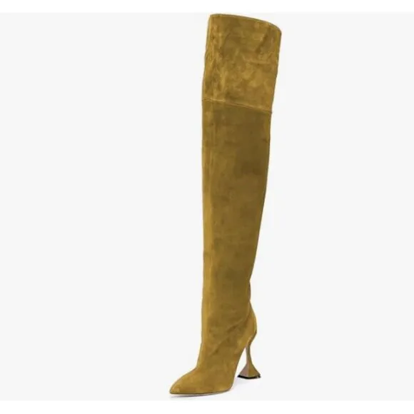 Olive Pointed Toe Over The Knee Boots Pull on Block High Heel Thigh High Boots