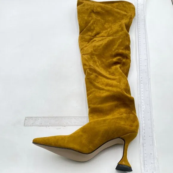 Olive Pointed Toe Over The Knee Boots Pull on Block High Heel Thigh High Boots