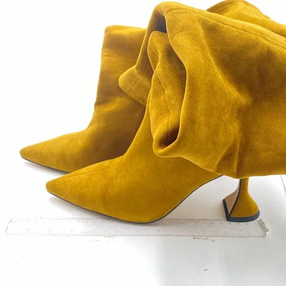 Olive Pointed Toe Over The Knee Boots Pull on Block High Heel Thigh High Boots