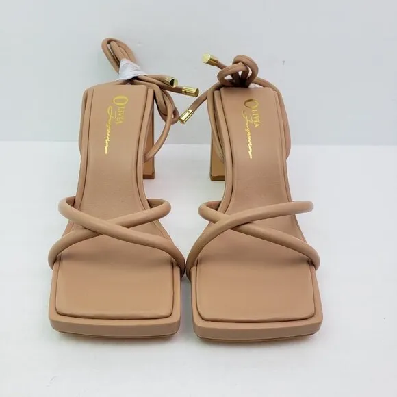 Olivia Ferguson Soleil Womens Sz 7.5 Camel Tan Strappy AnkleTie 3.5&quot; Heel Sandal