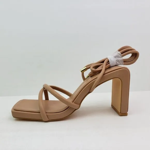 Olivia Ferguson Soleil Womens Sz 7.5 Camel Tan Strappy AnkleTie 3.5&quot; Heel Sandal