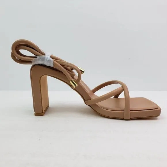 Olivia Ferguson Soleil Womens Sz 7.5 Camel Tan Strappy AnkleTie 3.5&quot; Heel Sandal