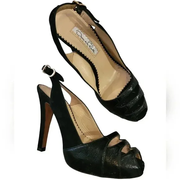 OSCAR DE LA RENTA Black patent leather suede slingback peep-toe heels shoes 6.5