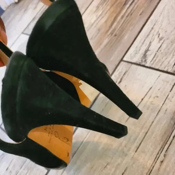 OSCAR DE LA RENTA Black patent leather suede slingback peep-toe heels shoes 6.5