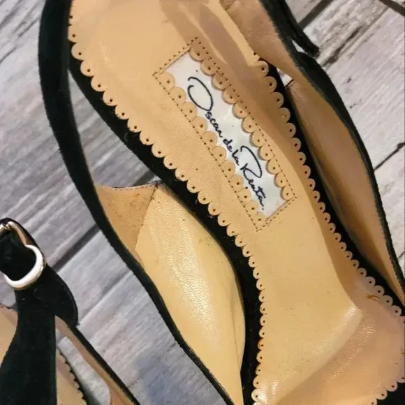 OSCAR DE LA RENTA Black patent leather suede slingback peep-toe heels shoes 6.5