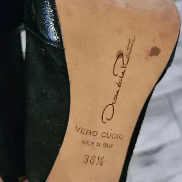 OSCAR DE LA RENTA Black patent leather suede slingback peep-toe heels shoes 6.5