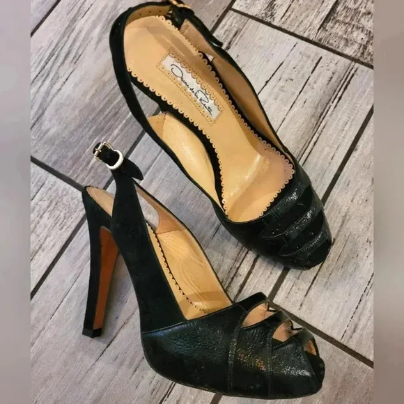 OSCAR DE LA RENTA Black patent leather suede slingback peep-toe heels shoes 6.5