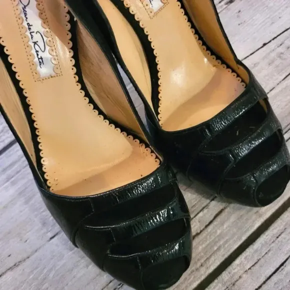 OSCAR DE LA RENTA Black patent leather suede slingback peep-toe heels shoes 6.5
