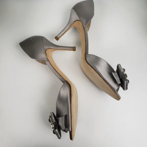 Oscar de la Renta Gray Satin Rhinestone Jewel Bow Formal sz EU 39 US 8.5