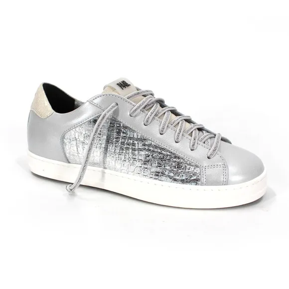 P448 John T Croc Sneakers NEW Silver Gray Embossed Low Top Lace Up Shoes Size 7