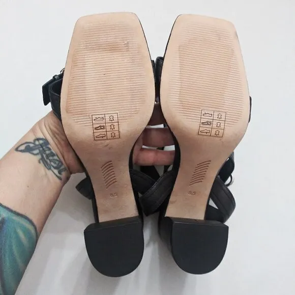 PAIGE Lydia Strappy Leather Ankle Wrap Chunky Heel Sandals Buckles Black Sz 8.5