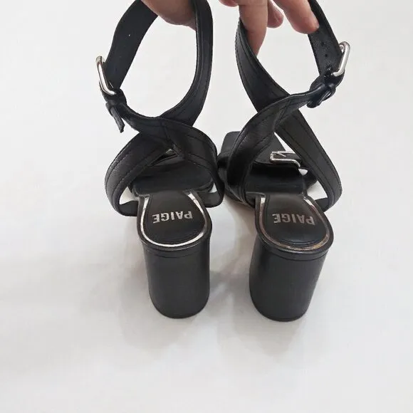 PAIGE Lydia Strappy Leather Ankle Wrap Chunky Heel Sandals Buckles Black Sz 8.5