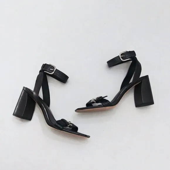 PAIGE Lydia Strappy Leather Ankle Wrap Chunky Heel Sandals Buckles Black Sz 8.5