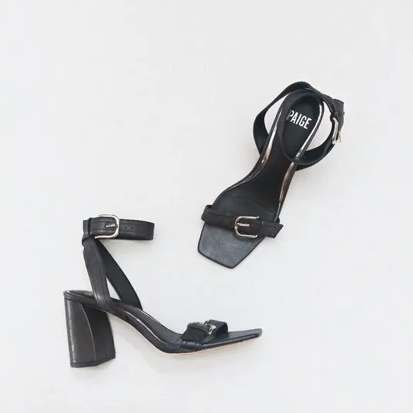 PAIGE Lydia Strappy Leather Ankle Wrap Chunky Heel Sandals Buckles Black Sz 8.5