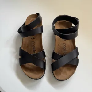 Papillio Womens Size US 5 EU 36 Narrow Lola Black Leather Strappy Wedge Sandals