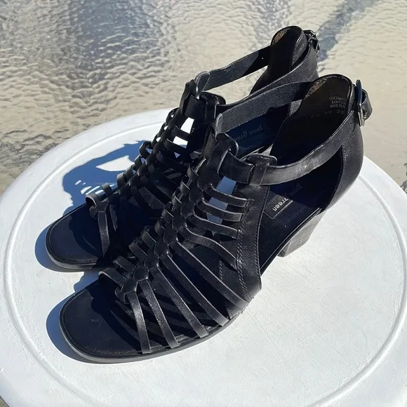 Paul Green Christy Black leather block heel open toe sandals UK 6.5/ US 9