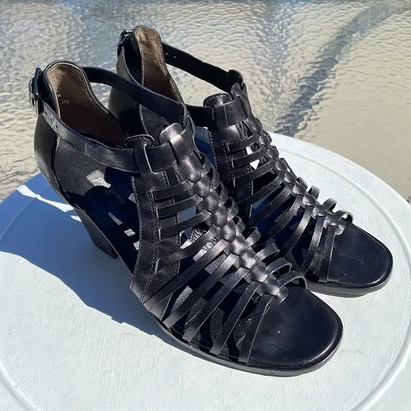 Paul Green Christy Black leather block heel open toe sandals UK 6.5/ US 9