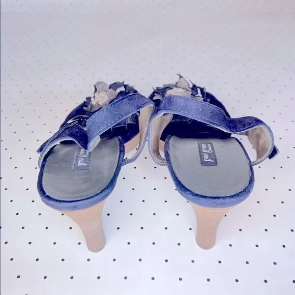 💎Paul Green💎 heel leather navy blue suede floral flowers US 8,5 like new dance