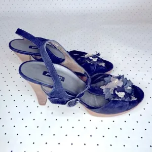 💎Paul Green💎 heel leather navy blue suede floral flowers US 8,5 like new dance