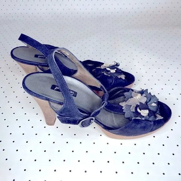 💎Paul Green💎 heel leather navy blue suede floral flowers US 8,5 like new dance