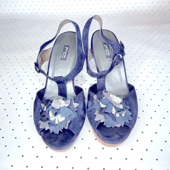 💎Paul Green💎 heel leather navy blue suede floral flowers US 8,5 like new dance