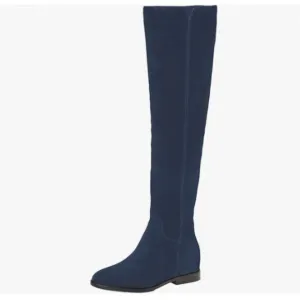 Pazzion Blue Almond Toe Knee High Boots with Partial Zipper Stretchy Long Boot