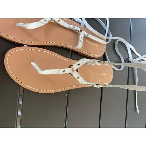 Pilcro Anthropologie Harness Tie up White Leather Thong Sandals Size 8M