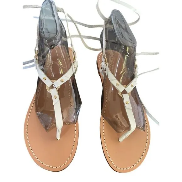 Pilcro Anthropologie Harness Tie up White Leather Thong Sandals Size 8M