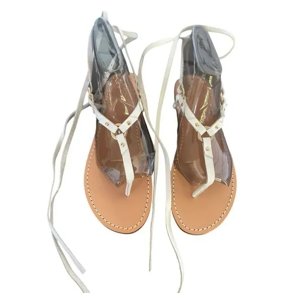 Pilcro Anthropologie Harness Tie up White Leather Thong Sandals Size 8M